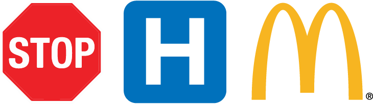 Graphic of a STOP sign, the letter H for a hospital sign and the McDonald’s logo for preschoolers and toddlers to point out in their environment.
