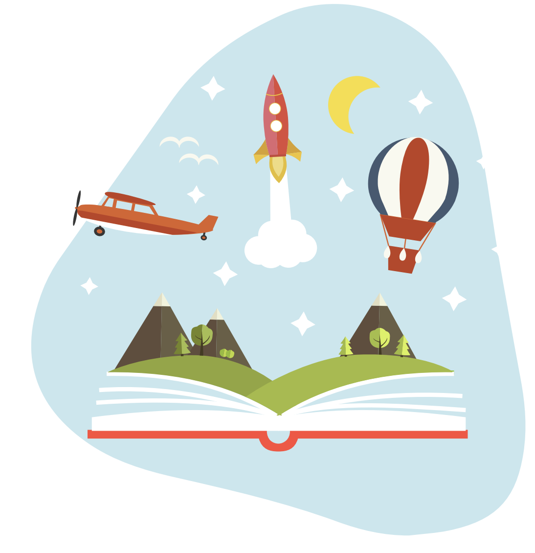 Graphic of toddler or preschooler book with airplane, spaceship and hot air balloon coming out with mountains popping up.